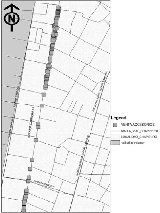 
 distribución espacial de los vendedores
ambulantes en la carrera 13
