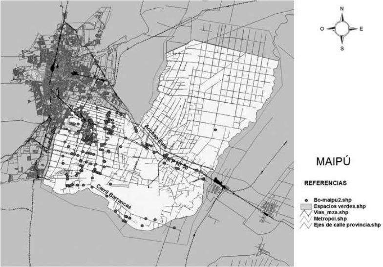 Mapa de ubicación de bienes considerados de valor patrimonial – hitos en el
departamento de Maipú de la provincia de Mendoza Argentina.